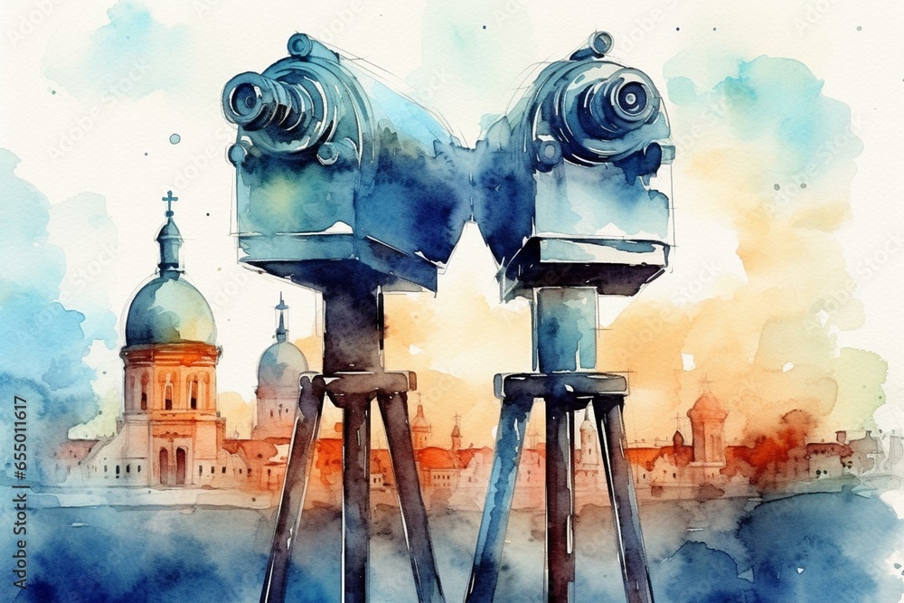 Large binoculars at city observatory, watercolor style illustration with an impressionist painting. Generative AI - obrazy, fototapety, plakaty 