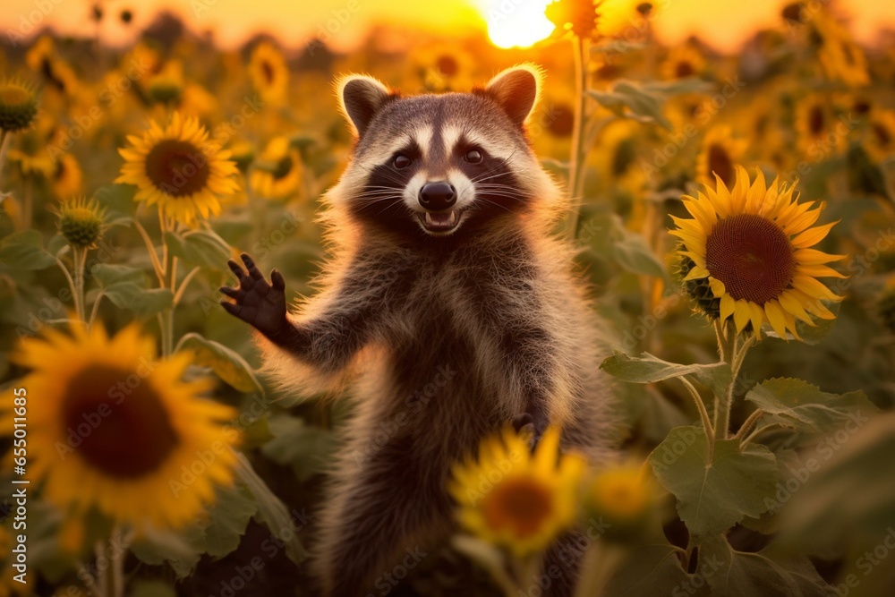 A playful raccoon with adorable charm in a sunflower field at sunset. Generative AI - obrazy, fototapety, plakaty 