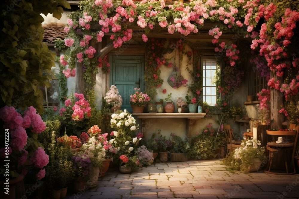 Home and garden with lovely flower-filled wallpaper. Generative AI