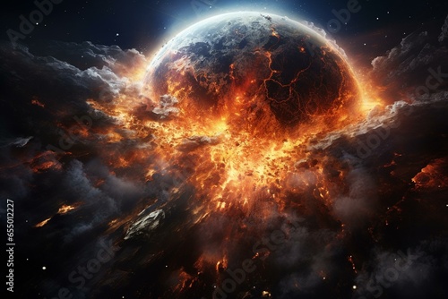 A planet earth exploding in a captivating manner, suitable for dynamic or post-apocalyptic scenes. Generative AI