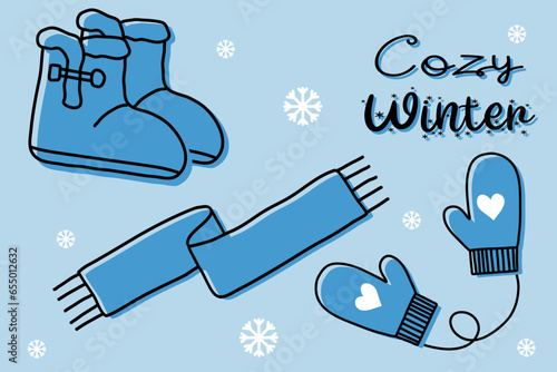 Set of warm winter accessory, suede slipper boots with fur, scarf and mittens, flat style vector