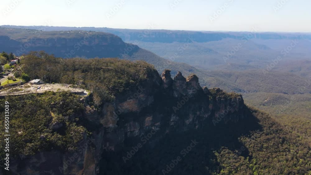 Aerial drone view of Echo Point Lookout and the Three Sisters rock formation at Katoomba in the Blue Mountains region, New South Wales, Australia on a sunny day in September 2023 Aerial drone view of Echo Point Lookout and the Three Sisters rock formation at Katoomba in the Blue Mountains region, New South Wales, Australia on a sunny day in September 2023