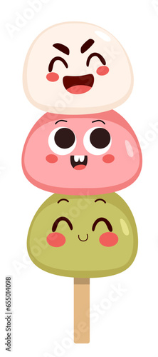 Japanese dango dessert with 3 different flavour. Mochi mascot character vector illustration on white background