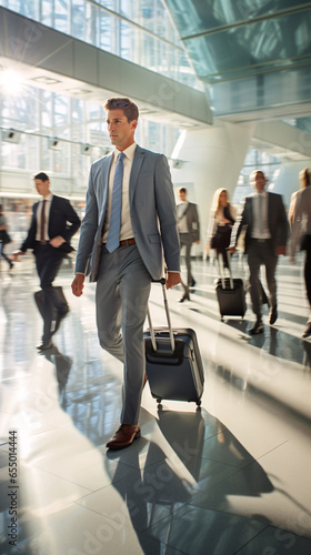 On the Move Business People Navigate Airport with Purpose and Precision, Pulling Suitcases