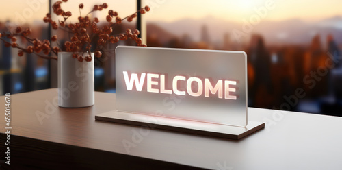 welcome stylish modern and minimal frosted glass name tag or place card mockup made of transparent acrylic see through for reception message and table display signs photo