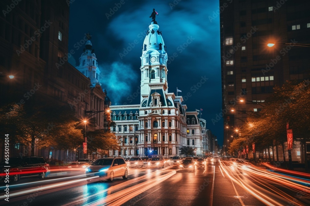 A historic city hall in Philadelphia, Pennsylvania, USA, featuring an old building, traffic, a clock tower, and tourist architecture. Generative AI