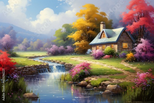 Beautiful countryside: a quaint house amidst vibrant flowers, beside a peaceful stream in the sunny weather. Generative AI