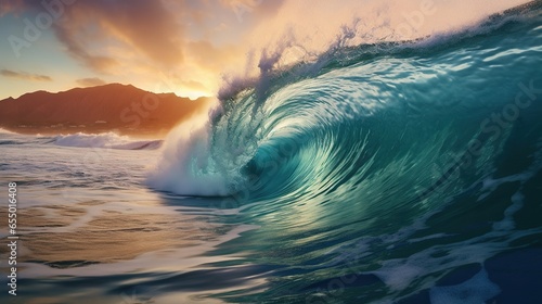 Ocean wave at sunset. Blue ocean wave with motion blur effect.
