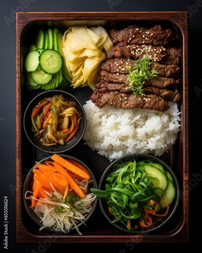 A captivating overhead shot of a bento box containing an assortment of delicious components, including a generous portion of thinly sliced Beef Bulgogi, steamed jasmine rice, crisp cucumber