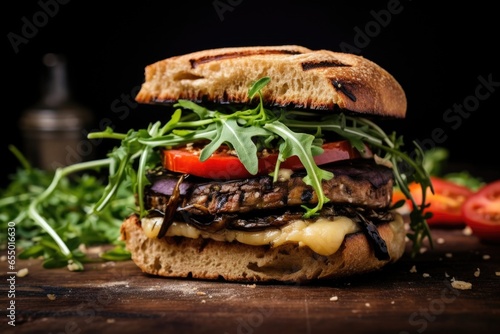 Prepare to be amazed by this artfully composed veggie burger, featuring a generous slice of grilled eggplant as the base. Layered with a savory mushroom duxelle, caramelized red peppers, photo