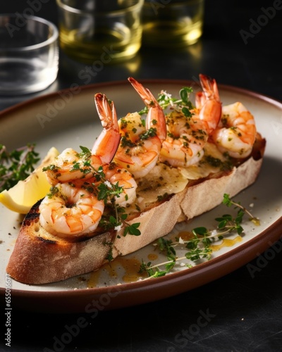This captivating food shot highlights the artful arrangement of succulent shrimp nestled snugly within a freshly baked baguette. The breads crispy exterior contrasts perfectly with the juicy