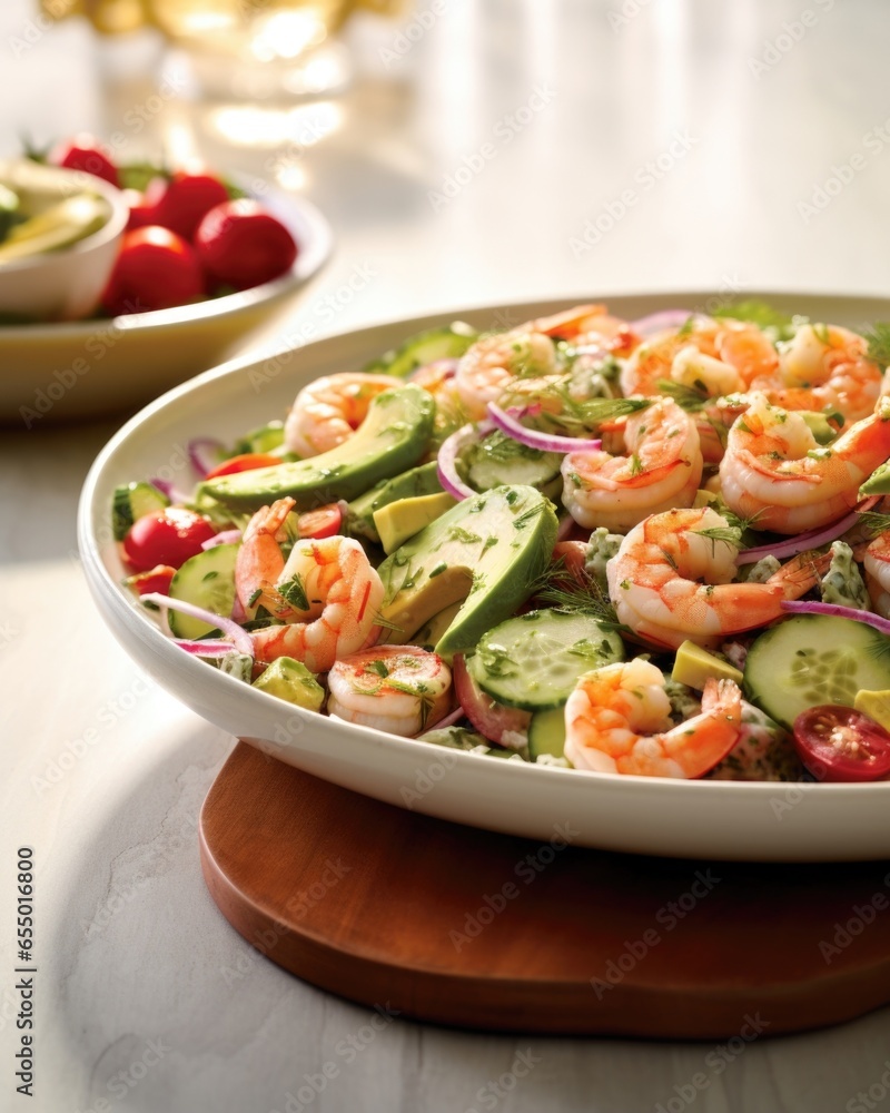 A refreshing medley of tender, ery shrimp and creamy avocado, artfully combined with crunchy cucumbers, red onions, and tangy cherry tomatoes, resulting in a harmonious blend of flavors