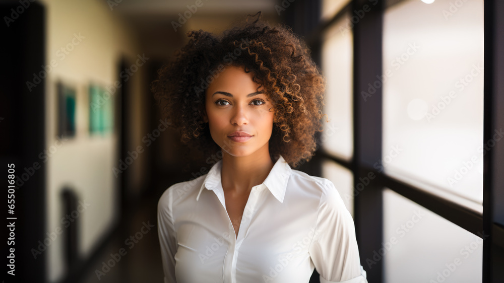Portrait shot of beautiful Afro American woman in a white shirt.