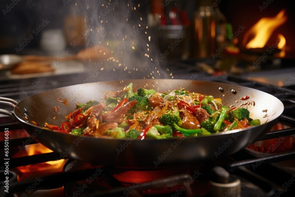  angle provides a birdseye view of the dish, showcasing the skilled wok tossing technique used to evenly distribute the flavors throughout the dish, ensuring every ingredient is