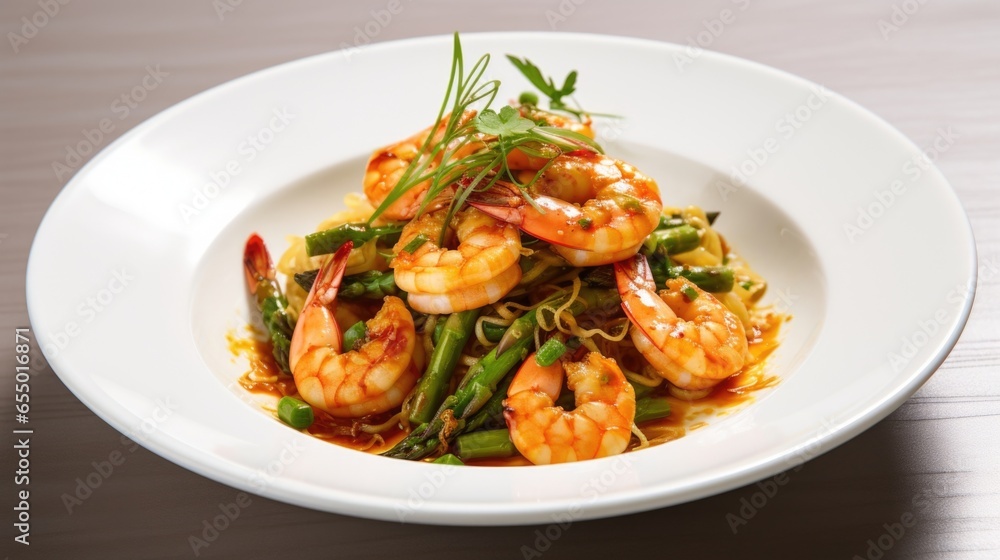 The lens captures a tantalizing image of goldenbrown shrimp delicately resting atop a bed of al dente pasta, beautifully twirled together with vibrant green asparagus spears and sprinkled The lens captures a tantalizing image of goldenbrown shrimp delicately resting atop a bed of al dente pasta, beautifully twirled together with vibrant green asparagus spears and sprinkled