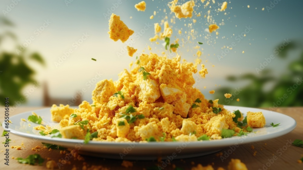 A creative shot captures a tofu scramble cooked to perfection and