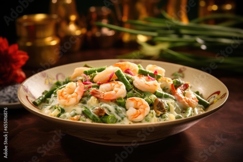 A sumptuous image showcases a luxurious bowl of Shrimp and Asparagus Pasta  featuring substantial tiger prawns nestled amidst vibrant asparagus spears and twirled fettuccine  all elegantly