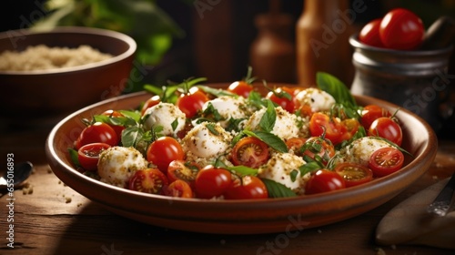 This mouthwatering salad is a feast for both the eyes and the taste buds. The fluffy quinoa serves as a canvas for the vivid colors of plump cherry tomatoes, luscious mozzarella pearls,