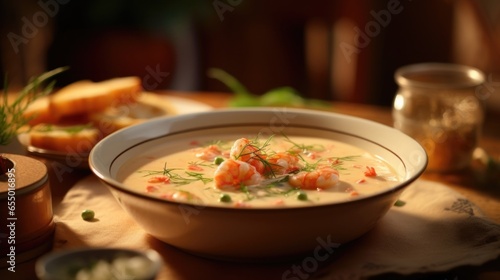 Elevate your dining experience with a bowl of this luxurious bisque  showcasing a symphony of flavors from perfectly cooked shrimp and lobster  elegantly adorned with a sprinkle of chives.