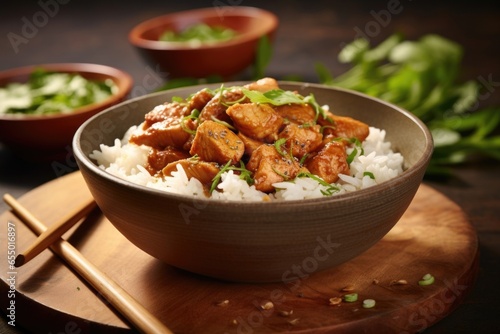 Merging the heartiness of perfectly seasoned chicken chunks with the lightness of scented white rice, this bowl offers a harmonious marriage of flavors that is satisfyingly filling yet never photo