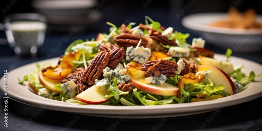 A vibrant shot highlighting a refreshing salad of shredded duck confit, mixed with crisp apples, candied pecans, and crumbled blue cheese, tossed in a zesty mustard dressing. A vibrant shot highlighting a refreshing salad of shredded duck confit, mixed with crisp apples, candied pecans, and crumbled blue cheese, tossed in a zesty mustard dressing.