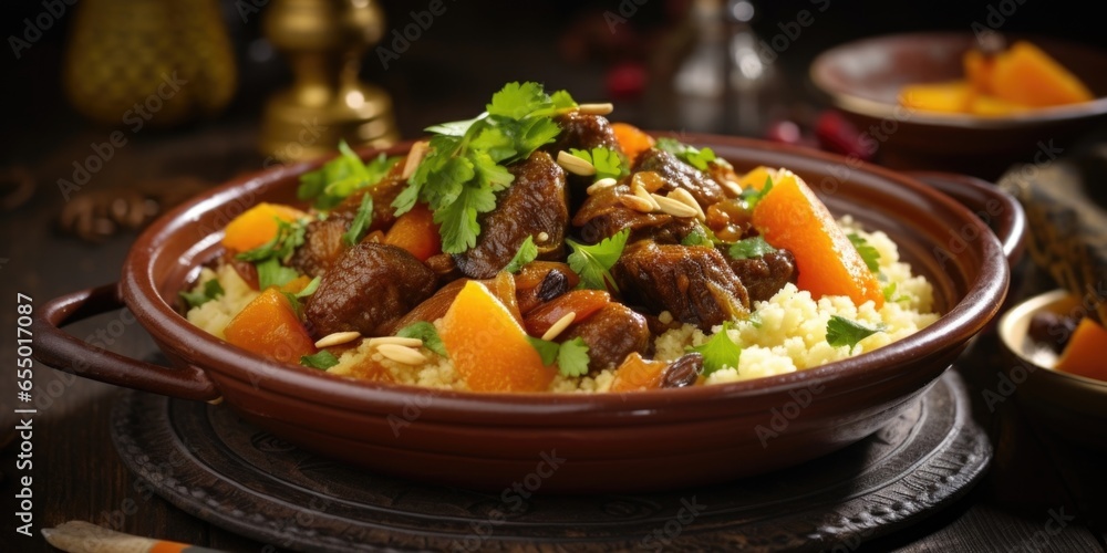 An appetizing image capturing the delightful contrast of colors and textures in a Moroccan couscous tagine, as tender chunks of slowcooked beef, plump apricots, and a medley of aromatic An appetizing image capturing the delightful contrast of colors and textures in a Moroccan couscous tagine, as tender chunks of slowcooked beef, plump apricots, and a medley of aromatic