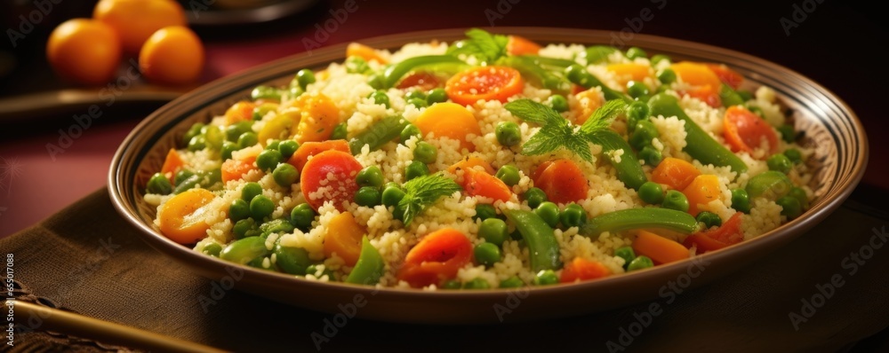 A visually stunning image capturing the vibrant hues of a mixed vegetable couscous, where delicate chunks of ernut squash, sunkissed cherry tomatoes, and vibrant green peas are beautifully A visually stunning image capturing the vibrant hues of a mixed vegetable couscous, where delicate chunks of ernut squash, sunkissed cherry tomatoes, and vibrant green peas are beautifully