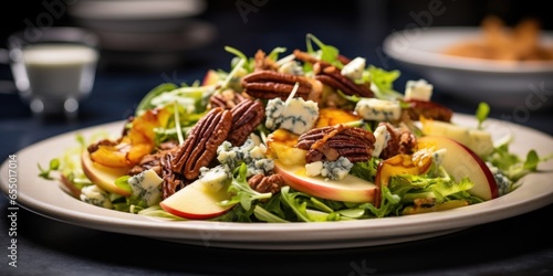 A vibrant shot highlighting a refreshing salad of shredded duck confit, mixed with crisp apples, candied pecans, and crumbled blue cheese, tossed in a zesty mustard dressing.