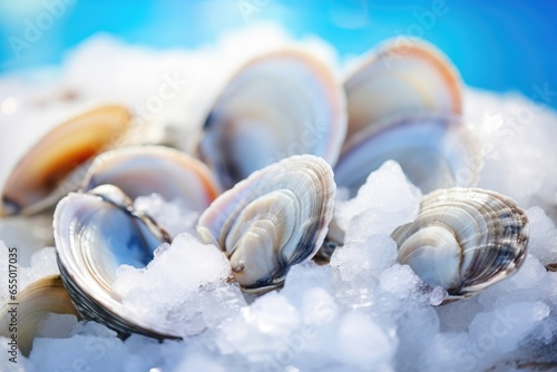 A visually stunning photograph takes us to the seaside, presenting a plate of raw clams on ice, unclosed and ready to be enjoyed, symbolizing the beginning of a fresh and invigorating culinary photo