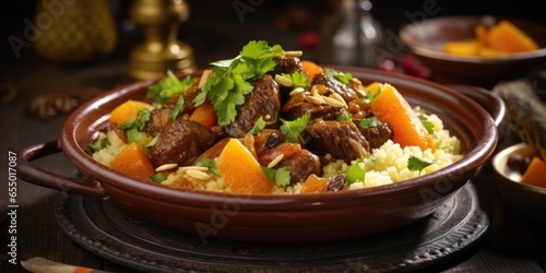 An appetizing image capturing the delightful contrast of colors and textures in a Moroccan couscous tagine, as tender chunks of slowcooked beef, plump apricots, and a medley of aromatic