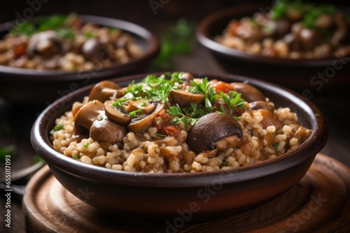 A visually captivating shot reveals a rustic bowl filled with a rich, earthy mushroom stew, beautifully enhanced by the addition of tender bulgur pearls, providing a delightful contrasting