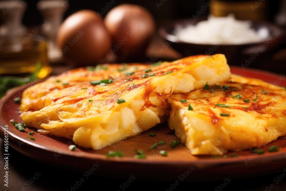 In this shot, a luscious Spanish omelet takes center stage. The perfectly cooked eggs, studded with chunks of potato and onion, are enhanced by a subtle dusting of paprika, making it a visually In this shot, a luscious Spanish omelet takes center stage. The perfectly cooked eggs, studded with chunks of potato and onion, are enhanced by a subtle dusting of paprika, making it a visually