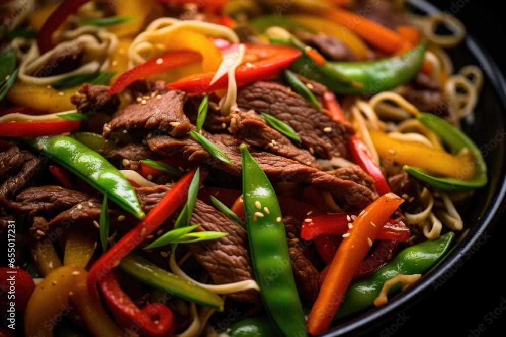 A topdown shot of a colorful stirfry featuring an assortment of crunchy vegetables, such as snap peas, bell peppers, and carrots, tangled together with tender strips of gingerinfused beef. A topdown shot of a colorful stirfry featuring an assortment of crunchy vegetables, such as snap peas, bell peppers, and carrots, tangled together with tender strips of gingerinfused beef.