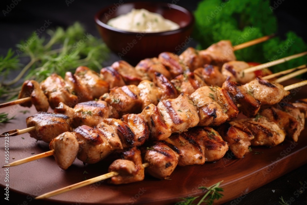 A platter of aromatic cinnamoned chicken skewers, grilling to perfection and served alongside a refreshing yogurtbased dipping sauce.