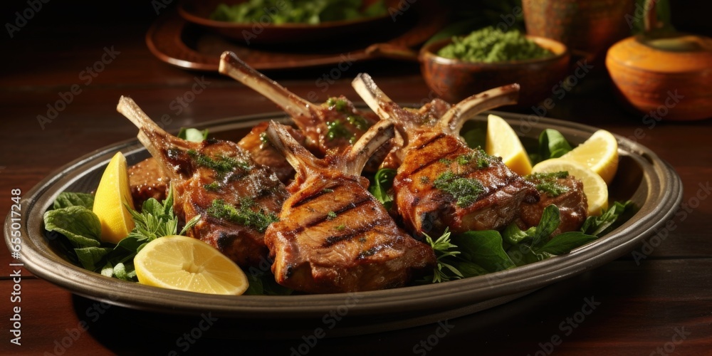 A tantalizing shot featuring a platter of succulent roasted lamb chops, coated in a flavorful marinade infused with cloves, each bite offering a harmonious balance between the tender meat A tantalizing shot featuring a platter of succulent roasted lamb chops, coated in a flavorful marinade infused with cloves, each bite offering a harmonious balance between the tender meat