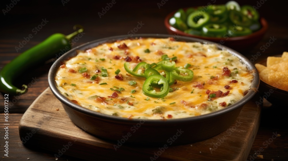 A tantalizing shot of a cheesy jalapeno popper dip showcases the perfect blend of creaminess and e. A sprinkle of chili powder creates a beautiful contrast against the green jalapenos, adding - obrazy, fototapety, plakaty 