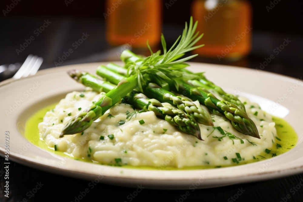 Each vibrant green asparagus spear rests atop a soft bed of creamy risotto, elegantly seasoned with a sprinkle of black pepper, perfectly balancing the dishs earthy and ery flavors.