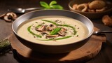 An enticing image showcasing a hearty bowl of creamy mushroom and sage soup, featuring a rich and velvety base made from earthy saut ed mushrooms, aromatic garlic, and flavorful vegetable