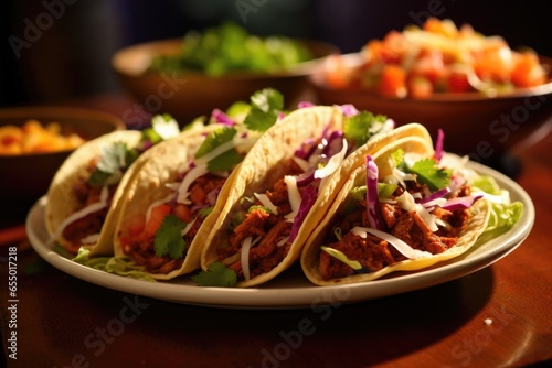 In this visually inspiring photograph, a plate piled high with tacos steals the show. The rich and succulent fillings, enveloped in warm tortillas, are adorned with a sprinkle of paprika,