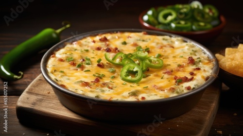 A tantalizing shot of a cheesy jalapeno popper dip showcases the perfect blend of creaminess and e. A sprinkle of chili powder creates a beautiful contrast against the green jalapenos, adding