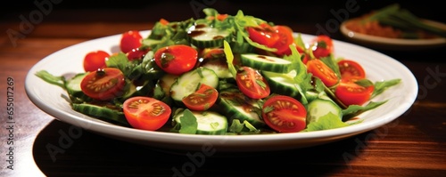 A vibrant salad bursts with freshness, featuring a mix of crisp greens, juicy cherry tomatoes, and crunchy cucumbers, all brought to life by a tangy vinaigrette seasoned with a hint of black