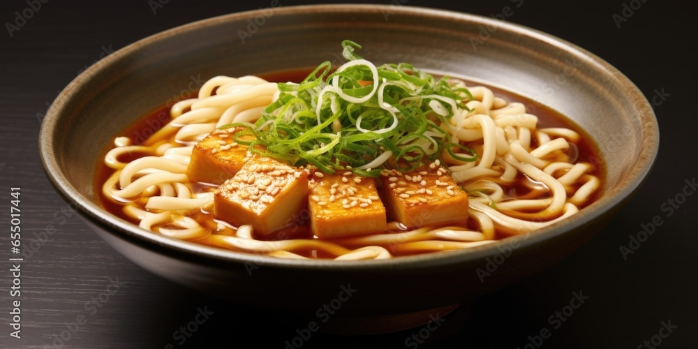 A visually pleasing shot of kitsune udon, featuring silky caramelized