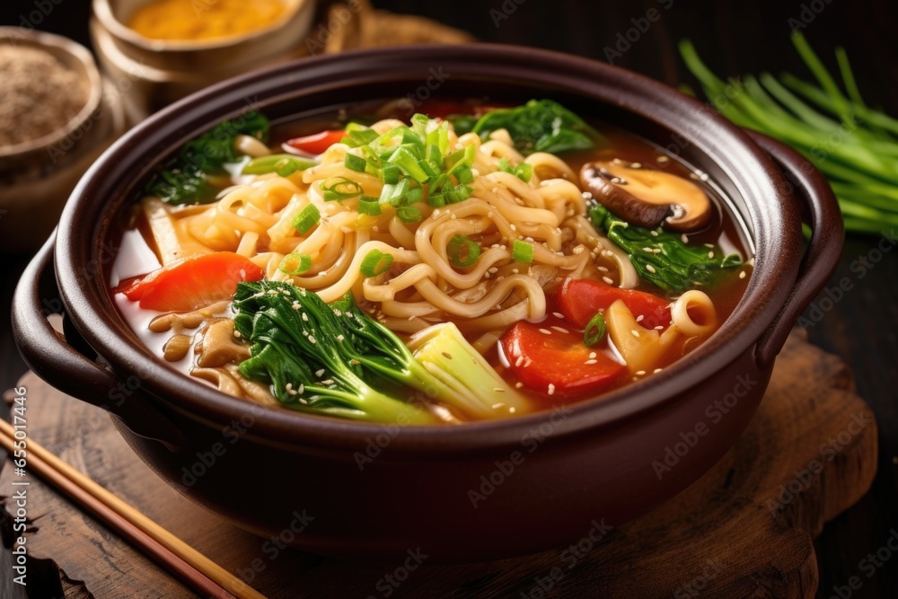 A colorful composition highlighting the delicate flavors of a vegetarian udon soup, b with an assortment of seasonal vegetables, such as sweet corn, tender baby bok choy, and earthy shiitake