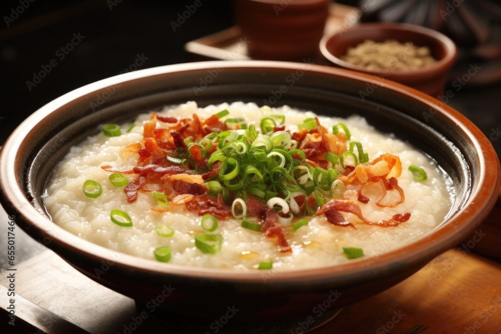 A delectable shot depicting a steaming bowl of silky and rich congee, adorned with a colorful array of toppings such as thinly sliced century egg, fresh scallions, and crispy shallots.