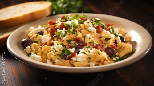 Scrambled eggs take a Mediterranean turn as they are combined with earthy sundried tomatoes, briny Kalamata olives, and crumbled tangy feta cheese, resulting in a burst of Mediterranean