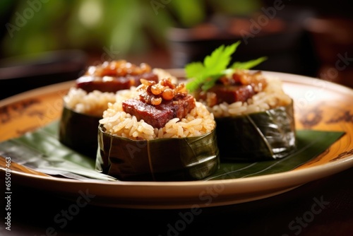 A savory shot of a plate of sticky rice wrapped in a lotus leaf  revealing the aromatic blend of glutinous rice  tender pieces of chicken  earthy mushrooms  and cured sausage.