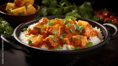 Exploding with vibrant colors and tastes, this Tikka Masala features a mix of juicy chicken and plump, caramelized pineapple chunks, swimming in a velvety curry sauce enriched with aromatic