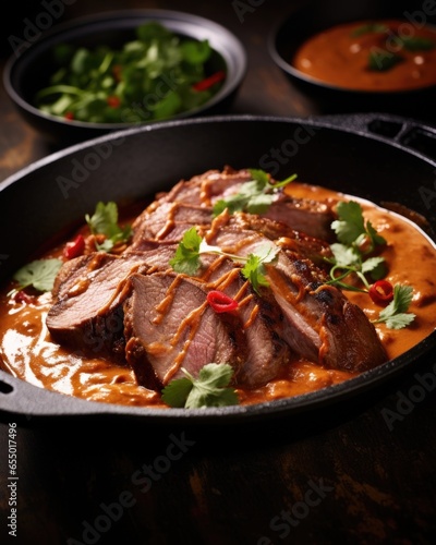 Shrouded in a fragrant sauce, this Tikka Masala highlights succulent pieces of seared duck , which are bathed in a tomato and yogurtbased gravy infused with a gentle blend of warm es like photo
