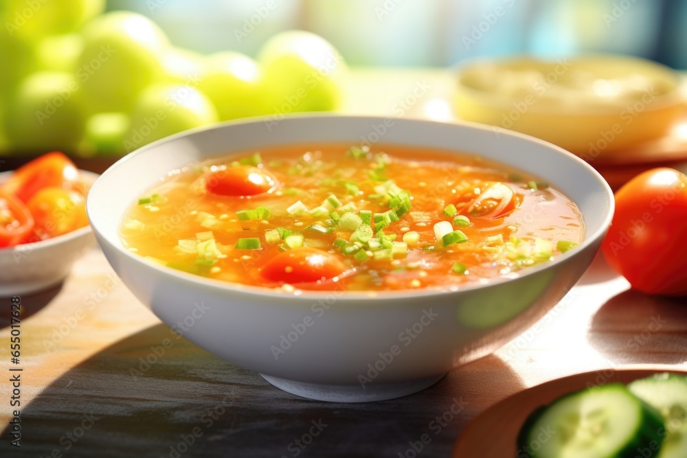 A light, summery soup featuring a tomato base mixed with cool cucumber, balanced with a hint of tangy vinegar and garlic. A light, summery soup featuring a tomato base mixed with cool cucumber, balanced with a hint of tangy vinegar and garlic.