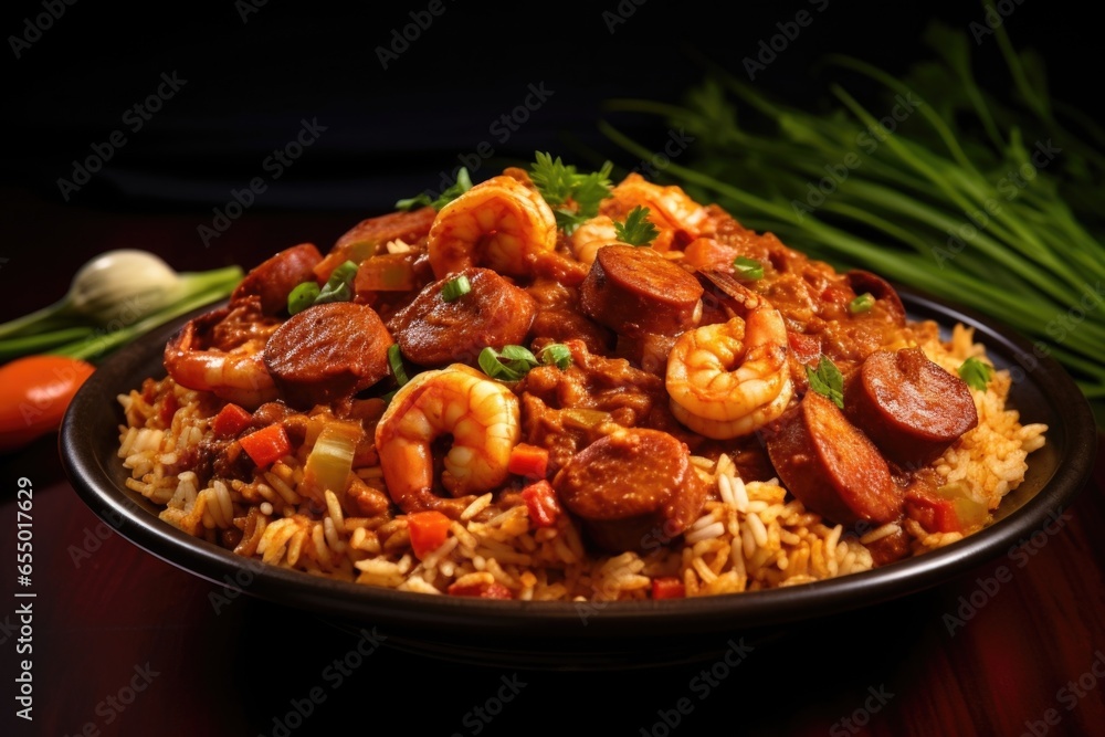 A steaming plate of jambalaya, rich with a deep red hue from the deliciously stewed tomatoes. This hearty dish features tender chunks of chicken, plump shrimp, and smoky sausage, all nestled A steaming plate of jambalaya, rich with a deep red hue from the deliciously stewed tomatoes. This hearty dish features tender chunks of chicken, plump shrimp, and smoky sausage, all nestled